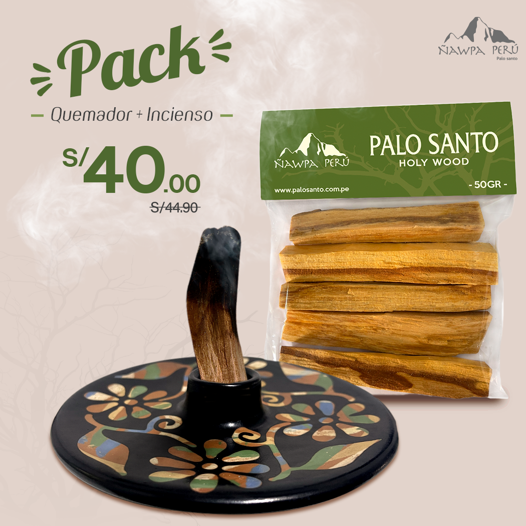 Pack Palo Santo 50 gr + Quemador (VENTA SOLO PARA PERÚ) - Palo Santo,  Incienso Natural Madera Sagrada